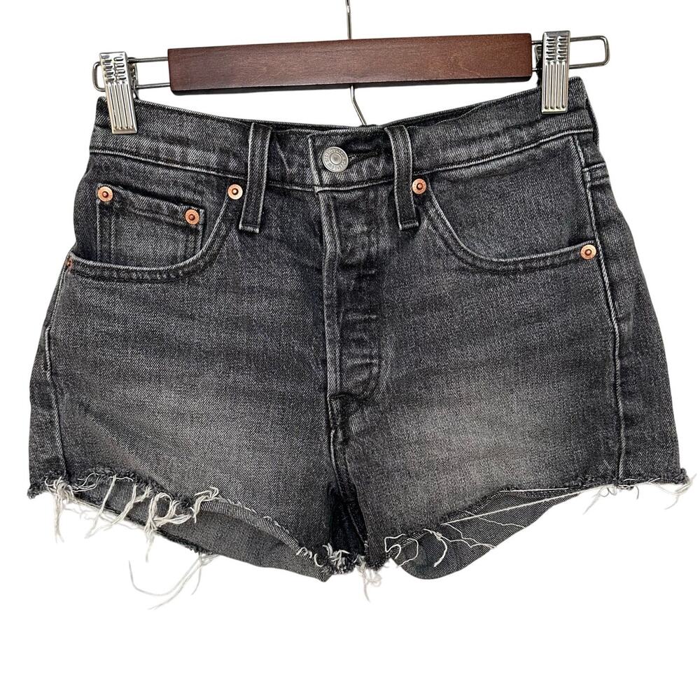 Levi 501 Denim Shorts Size 24 Black Distressed Button Fly Cut Off Western Grunge